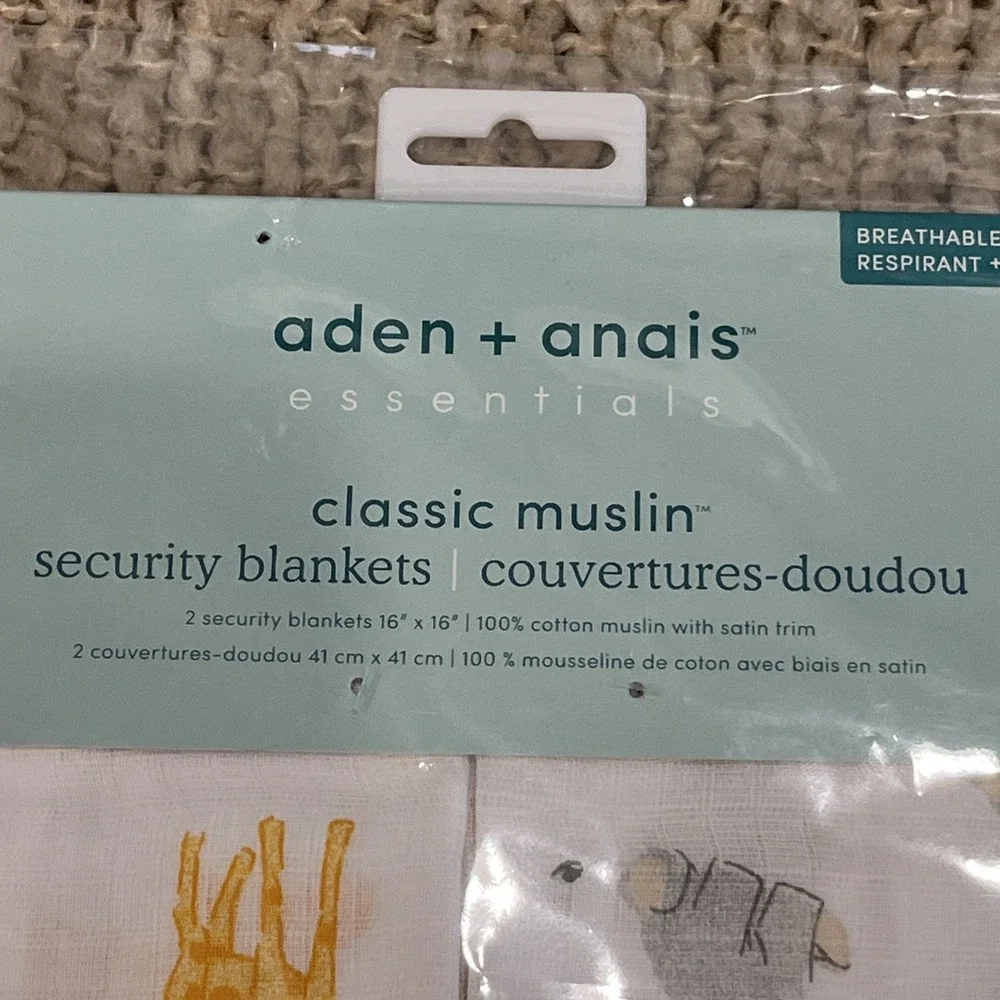 Aden Anais Set of‎ 2 Security Blankets Satin Trim Elephant Giraffe Muslin Cotton